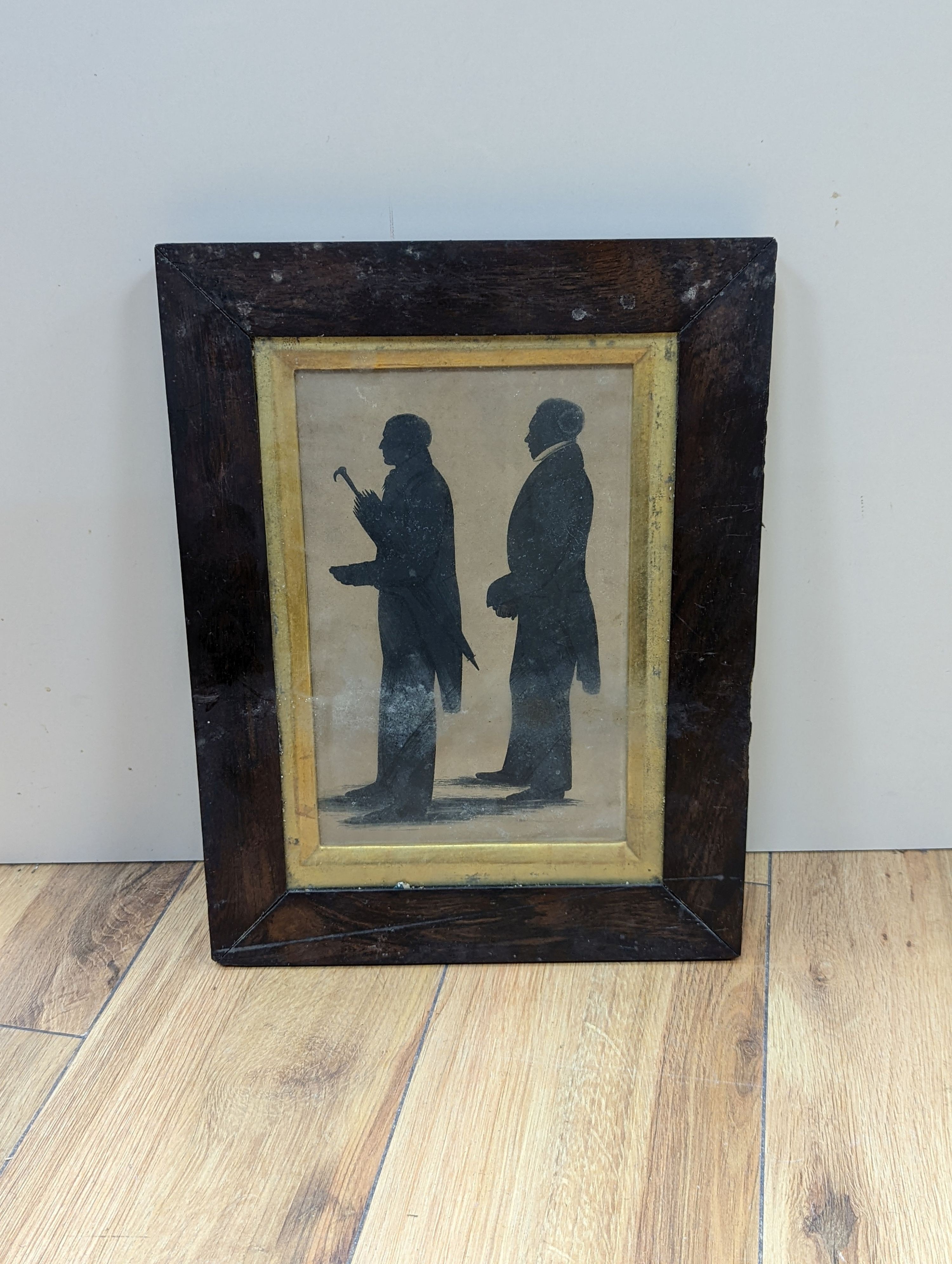 Charles Taylor (19th C.) full length painted silhouette, profiles of James Dobson, surgeon of Eaglesham and James Dunedun of Maresfield near Glasgow, labels verso, 23 x 15cm